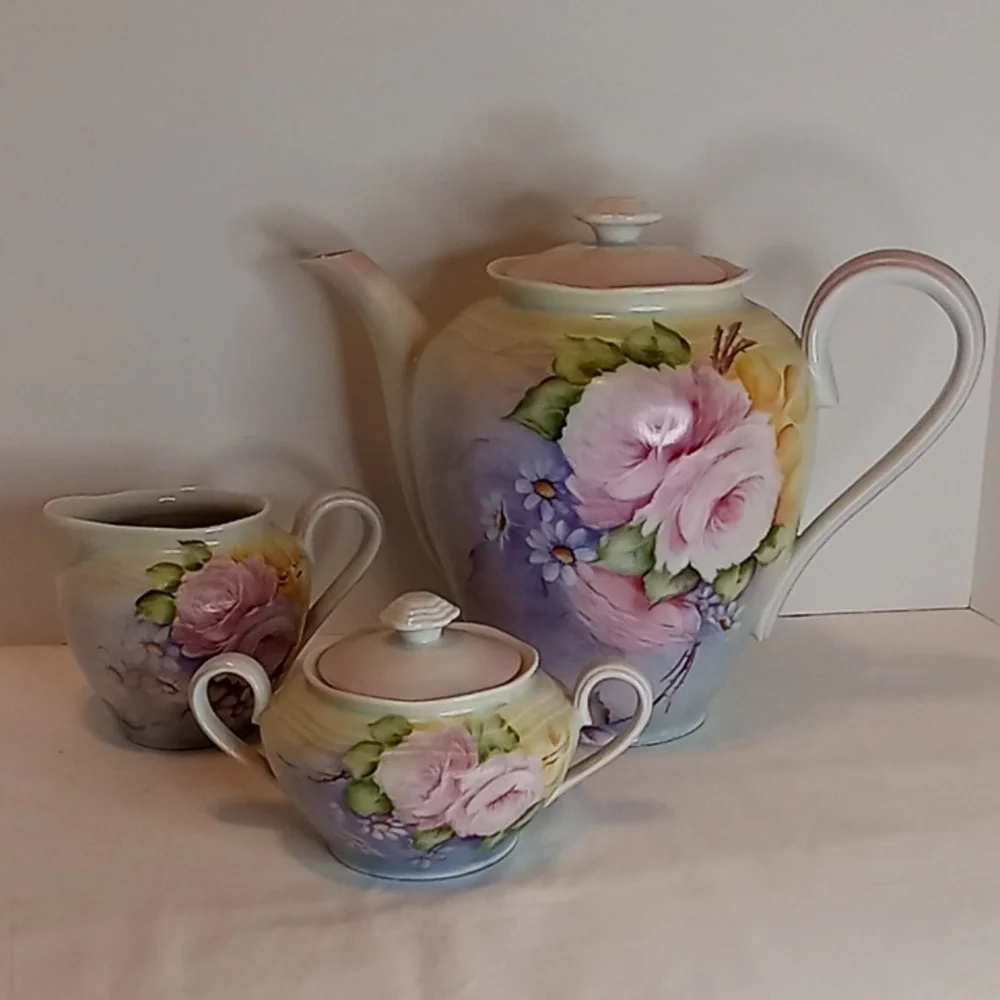 Vintage German Plankenhammer Floss Bavarian Porcelain 3 PC Teapot Sugar Creamer